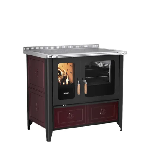 Rizzoli Küchenofen N94 Country 8 kW in Bordeauxrot - Kaminofen mit hochleistungsfähiger Stahl-Herdplatte, selbstreinigendem Sichtfenster und externem Frischluftzufuhr für effizientes Heizen und Kochen.