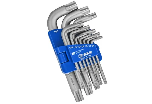S&R Torxschlüssel Innensechskant Set (15 St., TX6 - TX60) - 15-teiliges S&R Torx Winkelschlüsselsatz, extra belastbar aus hochwertigem CrV-Stahl, ideal für professionelle Montage- und Mechanikerarbeiten. Praktischer Klapphalter für einfache Aufbewahrung.
