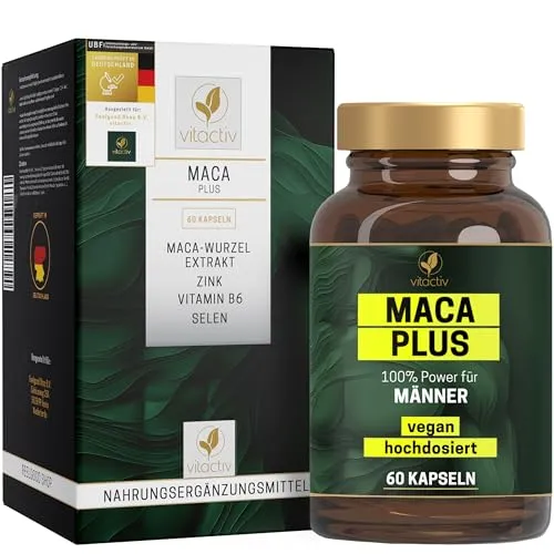 Vitactiv MACA PLUS Kapseln – 60 Maca Kapseln Hochdosiert für 60 Tage - 500 mg Extrakt aus Maca Wurzel pro Kapsel - Komplex mit Selen, Zink und Vitamin B6 - Vegan, Laborgeprüft in Deutschland