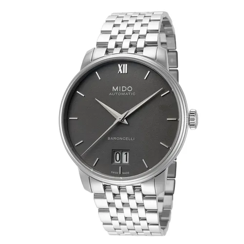 Mido Herren Baroncelli III 40mm Automatische Armbanduhr - Elegante Armbanduhr für Herren mit 40mm Edelstahlgehäuse und kratzfestem Saphirglas. Automatisches Uhrwerk und wasserdicht bis 30m – ideal für stilbewusste Träger.