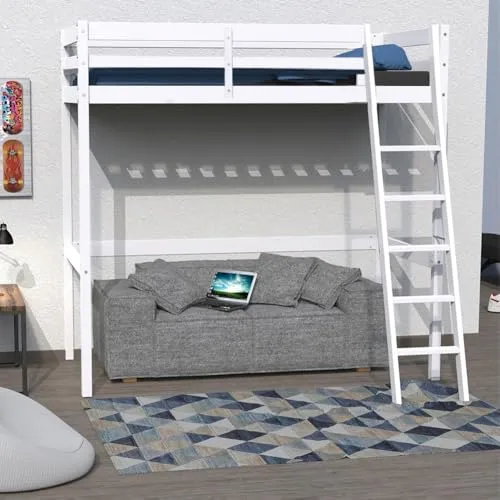 WEBER INDUSTRIES Hochbett Studio 90 x 200 cm - Betten, platzsparendes Hochbett aus Massivholz in Weiß, ideal für kleine Räume und optimalen Stauraum.