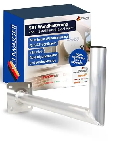 SCHWAIGER SAT Halterung Wand 45cm - Halterungen für Satellitenschüsseln - robuste, rostfreie Aluminiumhalterung mit TÜV geprüfter Sicherheit für Windlasten bis 190 km/h, ideal für optimale Ausrichtung der SAT-Schüssel.