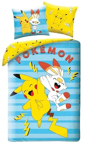 POKÉMON Bettwäsche Pikachu 140 x 200 cm - Hochwertige Kinderbettwäsche 140 x 200 cm mit Pikachu-Motiv aus 100% Baumwolle. Farbenfrohe Designs, die nach dem Waschen leuchten. Pflegeleicht und trocknergeeignet für optimalen Komfort.