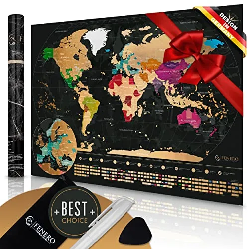 FENERO Weltkarte zum Rubbeln XXL [DIN A1] - aus exklusivem Kunststoff - Rubbel-Weltkarte Deutsch - Landkarte zum Rubbeln mit Marker, Plektrum & Täschchen - GOLD