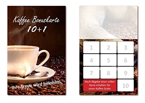 Stück Kaffee Bonuskarten (BOK-409) mit 10 Stempelfeldern. Treuekarten passend für Bereiche wie Gastronomie, Restaurant, Gaststätte Bäcker Konditor 250