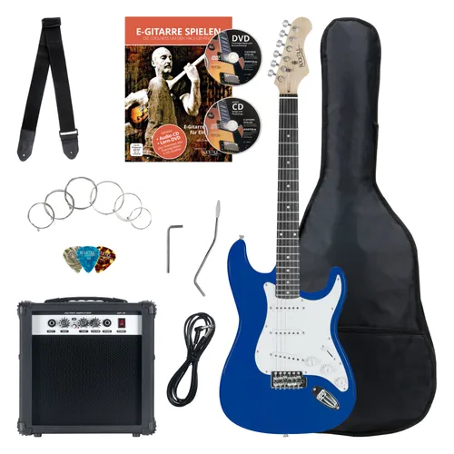 Rocktile Banger's Pack E-Gitarre Komplettset Blau - Komplettes E-Gitarren Einsteigerset im ST Design mit Verstärker und praktischer Tasche. Ideal für Anfänger, inkl. Gitarrenschule mit CD/DVD für den perfekten Start!