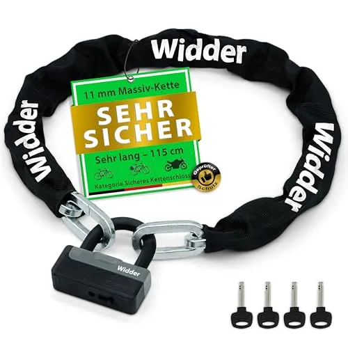 Widder Kettenschloss Motorrad – Titan-Stahl Level 15 - Hochsicheres Kettenschloss für Motorräder, Mopeds und E-Bikes. Mit 11mm massivem Stahl und 4 Schlüsseln bietet es optimalen Diebstahlschutz und ist witterungsbeständig.