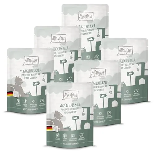 MjAMjAM - Premium Nassfutter für Katzen - Quetschie - vorzügliches Kalb & Truthahn an feinen Möhrchen, 6er Pack (6 x 300 g), getreidefrei mit extra viel Fleisch