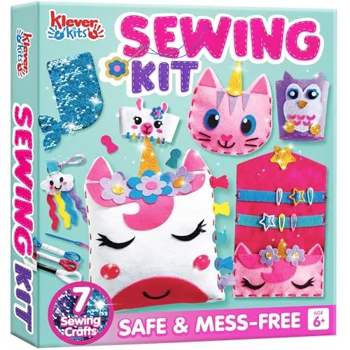 Klever Kits Nähset für Kinder ab 6,7,8,9,10+ Jahre,Bastelset für Anfänger mit 7 DIY Nähprojekten inklusive Einhorn Kissen,Schlüsselanhänger & Tasche,Geschenke Mädchen 6,7,8,9,10+ Jahre