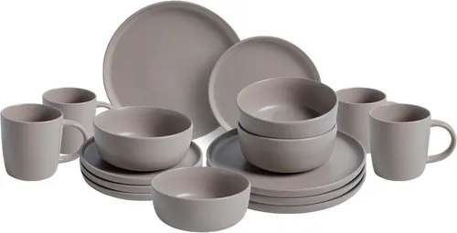 Van Well Kombiservice 16-tlg. GRIGIO - Elegantes Steingut Set - Küchen-Services: 16-teiliges Kombiservice in modischem Taupe, spülmaschinen- und mikrowellengeeignet, ideal für stilvolle Dinner und Alltag.