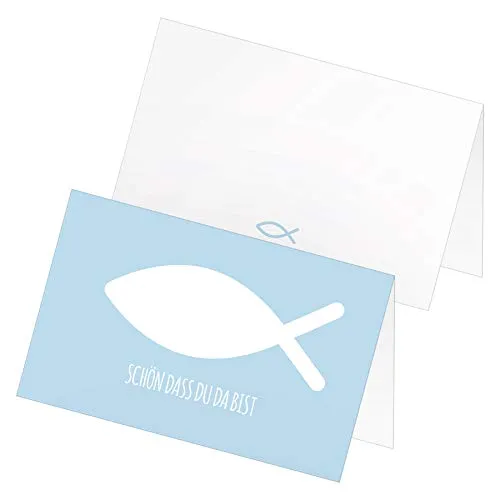 itenga 24 x Tischkarten Platzkarten Namensschild Fisch Kommunion Taufe Konfirmation Jungen Mädchen (himmelblau)