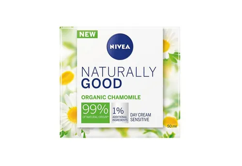 Nivea Naturally Good Sensitiv Tagescreme mit Bio Kamille - 50ml - Feuchtigkeitsspendende Tagespflege für alle Hauttypen, mit natürlicher Bio Kamille. Ideal für die tägliche Anwendung, um die Haut zu verwöhnen und sichtbar zu pflegen.