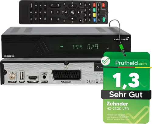 Zehnder HX-2300-VFD Sat Receiver - TV-Receiver mit Aufnahmefunktion und 1080p HD-Qualität, ideal für Film- und Serienliebhaber, unterstützt Dolby Digital Surround und bietet eine lernbare Fernbedienung.