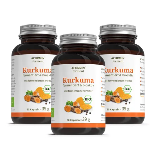 Bioaktive Kurkuma Kapseln – Acurmin ferment 180 Stück - Nahrungsergänzungsmittel mit fermentierten, bio-zertifizierten Kurkuma-Kapseln für eine optimale Bioverfügbarkeit und Unterstützung des Immunsystems.