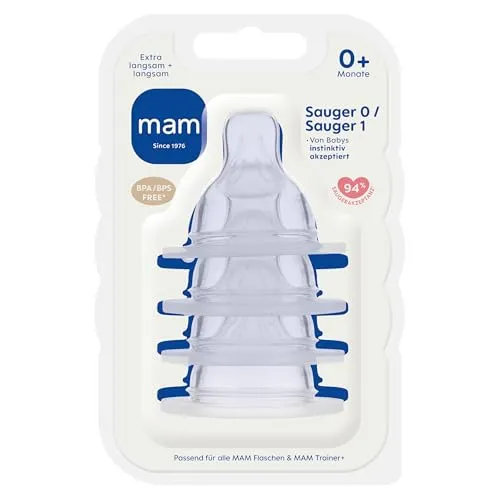 MAM Sauger 0 + 1 im 4er-Set | Flaschensauger (Durchflussrate langsam) | Speziell für Neugeborene | Besonders weicher Trinksauger | Kompatibel mit allen MAM Flaschen & Trainer
