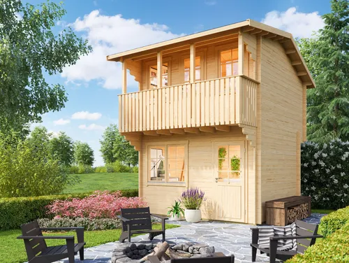 Fjordholz Gartenhaus Modell Odina 44 – 2-stöckig - Massives Gartenhaus mit 44mm Wandbohlen aus nordischer Fichte, stabiler Dachkonstruktion und hochwertigen Fenstern. Ideal für Gartenliebhaber, die Wert auf Qualität und individuelle Anpassungsmöglichkeiten legen.
