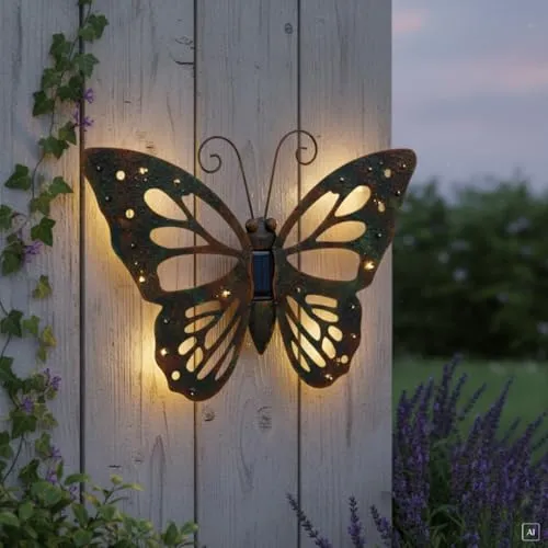 abc HOME Gartenfigur Wanddeko Schmetterling mit LEDs - Figuren – Wetterfeste Wanddeko mit Solarpanel und Lichtsensor für stimmungsvolles Licht im Garten.