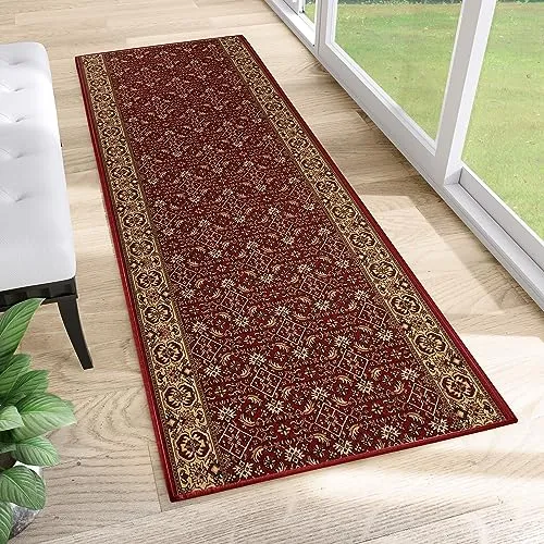 TAPISO Anti Rutsch Teppich Läufer Oriental Rot Beige - Rutschfester Teppichläufer in eleganten Farben und floralem Design, ideal für Flur, Küche oder Wohnzimmer. Verleiht jedem Raum eine stilvolle Note und sorgt für Sicherheit bei jedem Schritt! Maße: 67 x 330 cm.