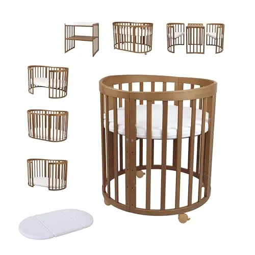 Waldin Babybett OWAL 7in1 aus Holz mit Matratze – mitwachsend - Vielseitiges Babybett aus FSC-zertifiziertem Holz, 7 Funktionen in einem! Mit 5-fach verstellbarer Bodenhöhe und zusätzlichem Sicherheitsgurt. Perfekt für die ersten Lebensjahre und darüber hinaus.