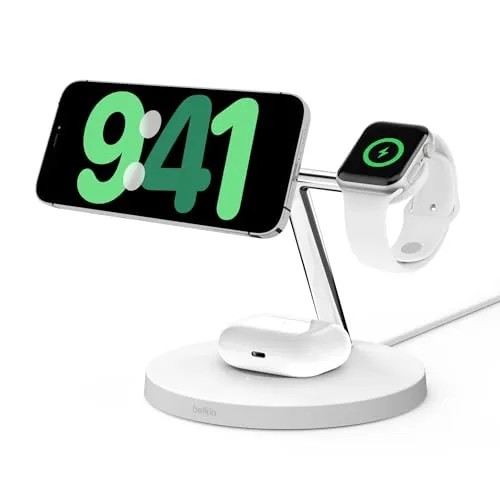 Belkin Boost Charge PRO 3-in-1 Wireless Charger Qi2 (15W) - Weiß - Kabelloses Qi-Ladegerät mit 3-in-1 Funktion für iPhone, Apple Watch und AirPods. Magnetische Ausrichtung und schwenkbarer Ladearm bieten höchsten Komfort.