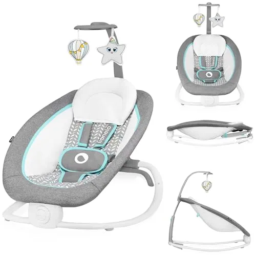 LIONELO Pascal Baby Wippe - Babywippe mit sanften Vibrationen und 5 Melodien, ideal für entspannte Zeiten. Interaktives Spielzeugkarussell und verstellbare Rückenlehne sorgen für Komfort und Spaß.