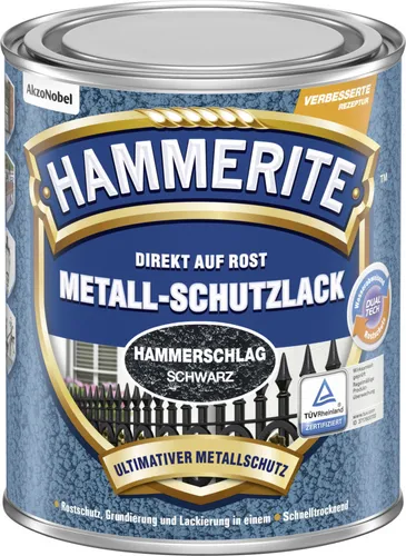 Hammerite Rostschutzfarbe 3in1 Hammerschlag schwarz glänzend 0,75l - Vielseitige Rostschutzfarbe mit Hammerschlag-Effekt. Ideal für Metalloberflächen, direkt auf Rost anwendbar. Wetter- und UV-beständig, sorgt für zuverlässigen Schutz.