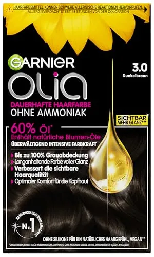 Garnier Olia Dauerhafte Haarfarbe 3.0 Dunkelbraun - Haarfarbe ohne Ammoniak für bis zu 100% Grauabdeckung. Die permanente Coloration sorgt für langanhaltende, strahlende Farbe und intensiven Glanz bis zu 8 Wochen.