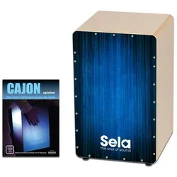 Sela Varios Cajon Blue Set mit Cajonschule - Hochwertiges Cajon aus 15 mm Birkenholz, modernes Design mit Edelfurnier und einstellbarem Snare-Sound. Perfekt für kreatives Musizieren und ideal für Anfänger sowie Fortgeschrittene.