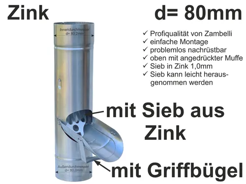 Zink Regenrohrklappe mit Sieb für Fallrohr d= 80mm - Wetterfeste Regenrohrklappe aus Titanzink mit praktischem Griffbügel. Ideal für den effektiven Schutz von Fallrohren. Durchmesser: 80mm, Farbe: Grau, für langlebige Nutzung im Außenbereich.