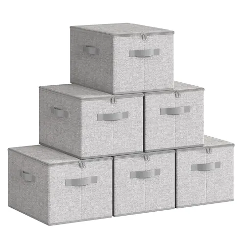 SONGMICS Aufbewahrungsbox mit Deckel, faltbare Stoffbox mit Griffen, Aufbewahrung für Kleidung, Vliesstoff, 6er Set, 40 x 30 x 25 cm, taubengrau RZB003W02