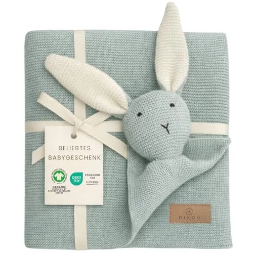 DIKOS Original 2-in-1 Babydecke & Kuscheltuch SCHMUSE-Hase (Mint) - Babydecke aus 100% Bio-Baumwolle (GOTS), ideal als erster Kuschelfreund für Neugeborene – weich, sicher und pflegeleicht, perfekt als Geschenk zur Geburt.