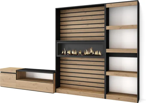 Elegante Wohnwand mit Elektrokamin XXL, Eiche und Schwarz - Moderne Wohnwand mit LED-Elektrokamin und realistischem 3D-Feuereffekt. Bietet großzügigen Stauraum und verleiht Ihrem Wohnzimmer einen stilvollen Akzent.