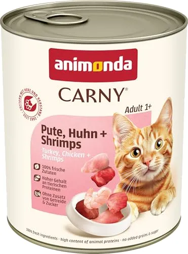animonda Carny Katzen Nassfutter Pute + Huhn + Shrimps (6 x 800g) - Getreidefreies Katzenfutter mit frischen Fleischzutaten, ideal für erwachsene Katzen von 1-6 Jahren, ohne Zucker und Konservierungsstoffe für eine gesunde Ernährung.