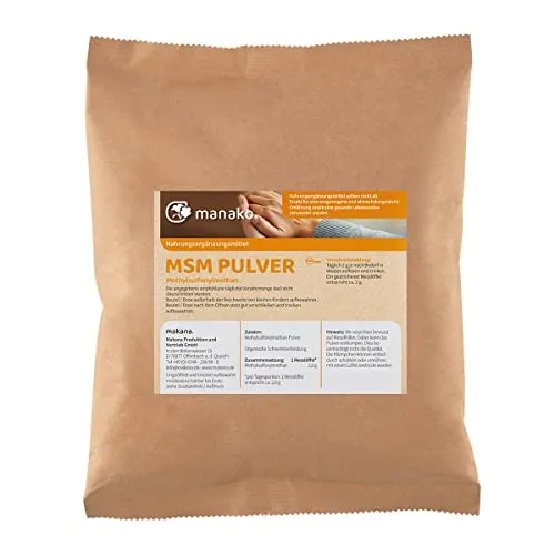 manako MSM (Methylsulfonylmethan) kristallines Pulver 1000 g - Dimethylsulfon (MSM) in Premiumqualität, 99,9% rein, ideal für Gelenkgesundheit und ohne Rieselhilfen im praktischen Nachfüllbeutel.
