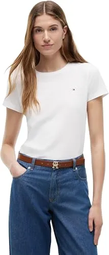 Tommy Hilfiger Damen T-Shirt Kurzarm - Klassisches Weiß, S - T-Shirts für Damen, aus 100% Bio-Baumwolle für höchsten Komfort, ideal für lässige Freizeitlooks mit Tommy Hilfiger Flag auf der Brust.