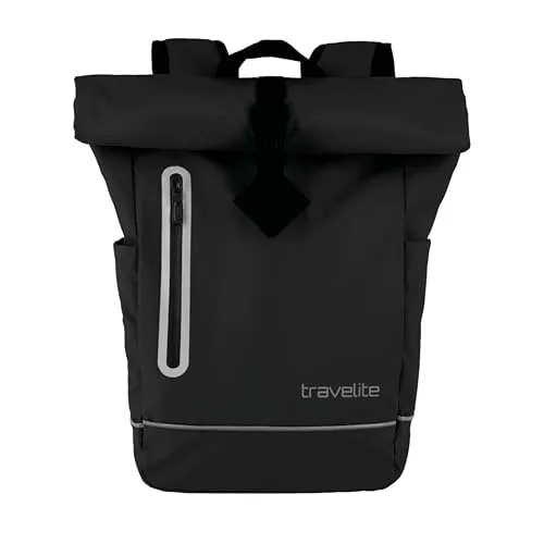 Travelite BASICS Roll-Up Rucksack Plane Schwarz 096314-01 - Rucksack aus strapazierfähiger Plane, ideal für Reisen und Outdoor-Aktivitäten, mit praktischem Roll-Up-Design für mehr Stauraum.