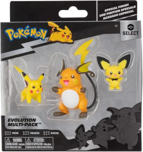 JAZWARES Pokémon - Select Entwicklungs Multipack Pichu, Pikachu & Raichu - Merchandise Set mit beweglichen Figuren von Pichu, Pikachu und Raichu. Exklusives Finish und ideal für Sammler und Pokémon-Fans!