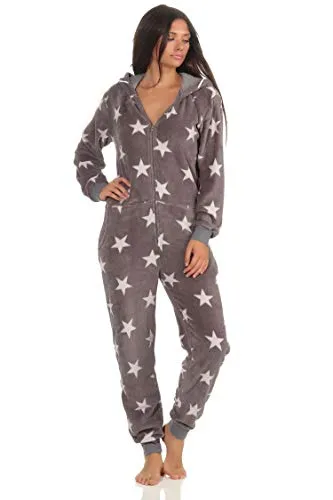 Damen Schlafanzug Einteiler Jumpsuit Overall - Sterneoptik - Grau, Größe 48/50 - Gemütlicher Damen Jumpsuit aus Coral Fleece für kalte Winterabende. Das stylische Sterne-Muster und die Bündchen sorgen für perfekten Sitz und hohen Tragekomfort. Pflegeleicht und schadstofffrei nach Ökotexstandard 100.
