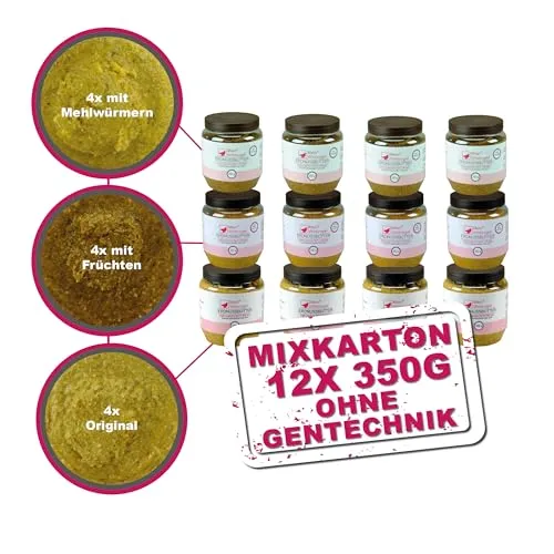 MeinWildvogel Erdnussbutter Mix-Karton 12x 350g - Körnerfutter für Wildvögel, nährstoffreiches Fettfutter mit Sonnenblumenkernen, ideal für ganzjähriges Füttern und unterstützt die Vogelgesundheit.