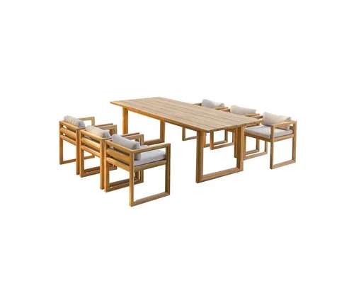 Tikamoon Garten-Essgruppe Noah - Teakholz Gartenmöbel-Set mit 6 Stühlen - Essgruppen aus massivem, FSC®-zertifiziertem Teakholz, wetterfest und ideal für gesellige Stunden im Freien. Komfortable Stühle mit abziehbaren Kissen für optimalen Sitzgenuss.