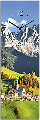 ARTLAND Wanddeko Wanduhr ohne Tickgeräusche Glas Quarzuhr 20x60 cm Rechteckig Lautlos Landschaftsbilder Natur Berge Alpen Tal Wald U1TF