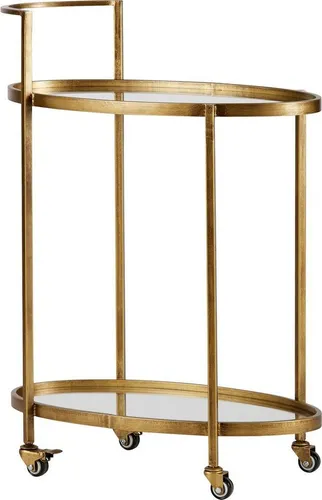 Push Trolley Metall Altmessing - Servierwagen mit elegantem Metallrahmen in Altmessing und zwei transparenten Glasböden, ideal für stilvolle Präsentationen und eine besondere Note in jedem Interieur.
