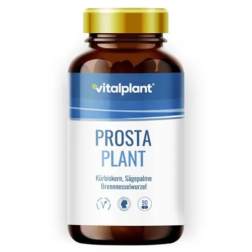 Vitalplant® Prosta Plant Kapseln im Braunglas - Pflanzliches Ergänzungsmittel Sägepalme mit einzigartiger Formel aus hochdosiertem Kürbiskern-, Sägepalmen- und Brennnesselwurzelextrakt für Männer im fortgeschrittenen Alter.