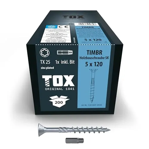 TOX Holzbauschrauben TIMBR SK 5,0 x 120 mm - Hochwertige Holzschrauben für flächenbündige Montagen im Holzbau, inkl. passendem Bit und Kerbbohrspitze für schnellen Anbiss – ideal für professionelle Holzkonstruktionen.