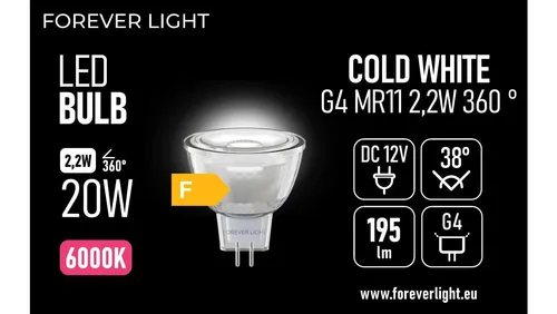 Żarówka LED G4 MR11 38 2.2W 195lm 6000K 12V szklana klasa F Foreve 5907504519838