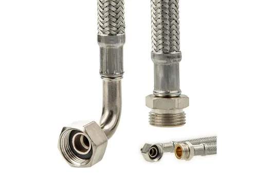 Tecuro Sanitär Verbindungsschlauch 90° Bogen 3/8 Üwm X 3/8 Ag - 200 mm - Flexibler Sanitär Verbindungsschlauch mit 90° Bogen, ideal für Armaturen. Temperaturbeständig von -10°C bis 90°C und druckfest bis 10 bar, sorgt für zuverlässige Verbindungen im Sanitärbereich.