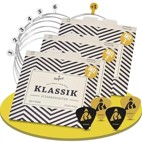 BELFORT® Gitarrensaiten Konzertgitarre, Saiten für klassische Gitarre aus Nylon und Silber, Akustikgitarre (3er Saiten Set) inkl. 4 Plektren + extra hoher E-Saite für Konzert Gitarren (Guitar Strings)