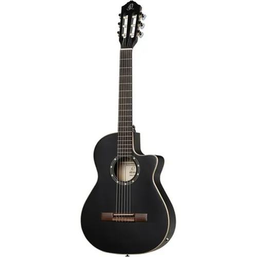 Ortega RCE125SBK-3/4 Satin Black - 3/4 Konzertgitarre - Gitarren, ideal für Einsteiger und Kinder, mit wiederaufladbarer Elektronik für flexibles Spielen und edlem Satin Black Finish.