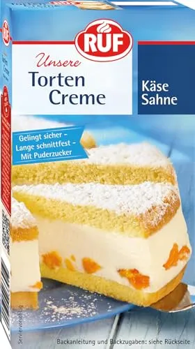 RUF Torten-Creme Käse Sahne, Creme für Käse Sahne Füllung, für Torten, Bikuit-Rollen und Cup Cakes, lange schnittfest, mit Puderzucker