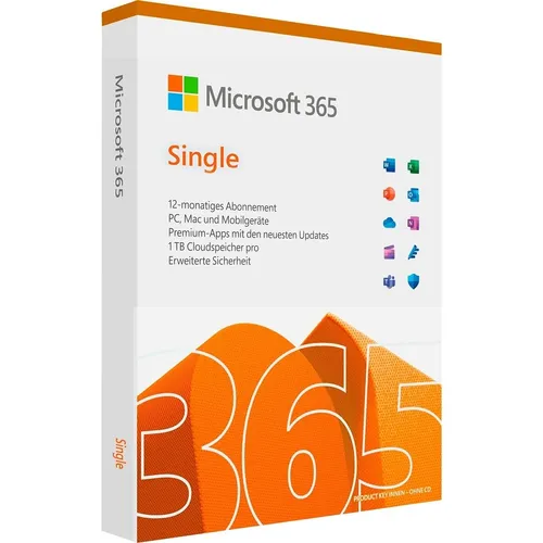 Microsoft Office 365 Single - 1 Benutzer, bis zu 5 Geräte - Büro & Business, vielseitige Office-Software für bis zu 5 Geräte, ideal für effizientes Arbeiten auf PC, MAC und mobilen Geräten.